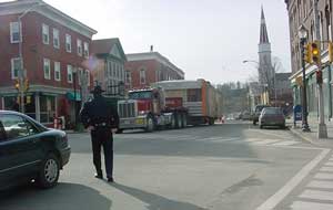 The flatbed with the Springfield Royal Diner enters Springfield, Vermont