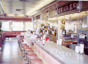 The sparkling clean and shiny interior of the newly restored Springfield Royal Diner, Springfield, Vermont